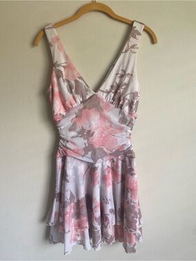 Altar’d State Pink Floral Mesh Ruched Tiered Mini Dress Size S